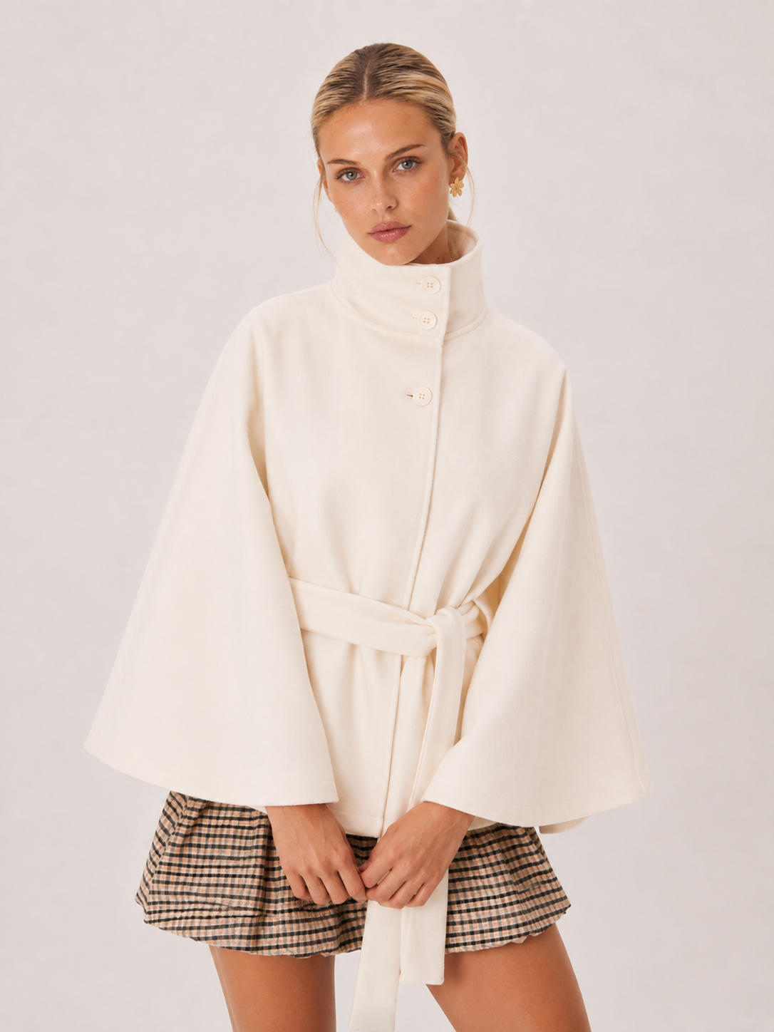 Chloe High-Neck Belted Cape Jacket - White – HORUS FASHION