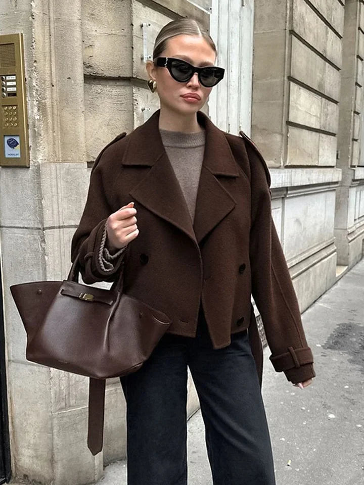 Camille | Brown Wool Blend Cropped Trench Jacket