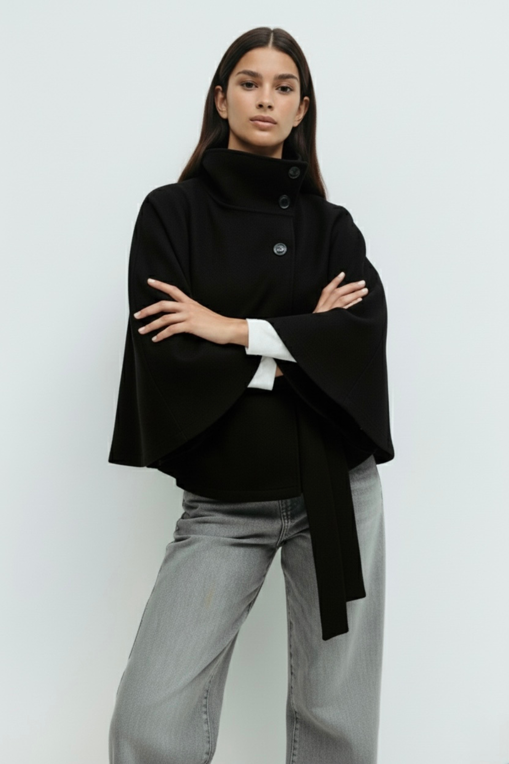 Chloe | High-Neck Belted Cape Jacket