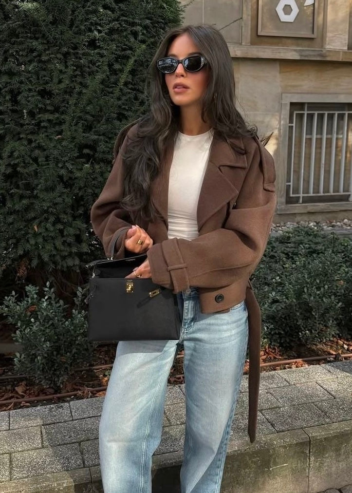 Camille | Brown Wool Blend Cropped Trench Jacket