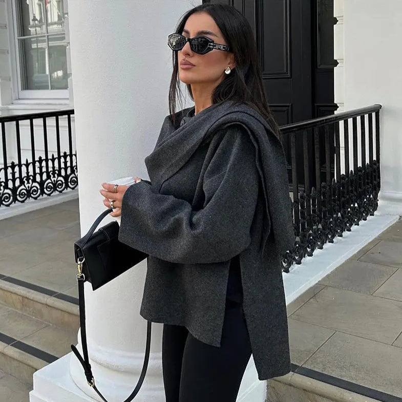 Iris Cape-Mantel mit Wasserfallausschnitt für Damen - Dunkelgrau