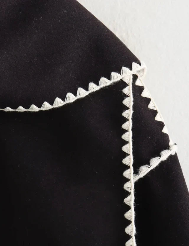 Nellie | Black Wool Cape Coat with Contrast Trim