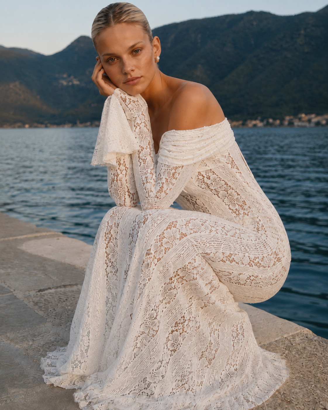 Fleur Vestido maxi de encaje con hombros descubiertos - Blanco