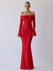 Fleur | Maxikleid mit Spitzenbesatz und schulterfreiem Schnitt