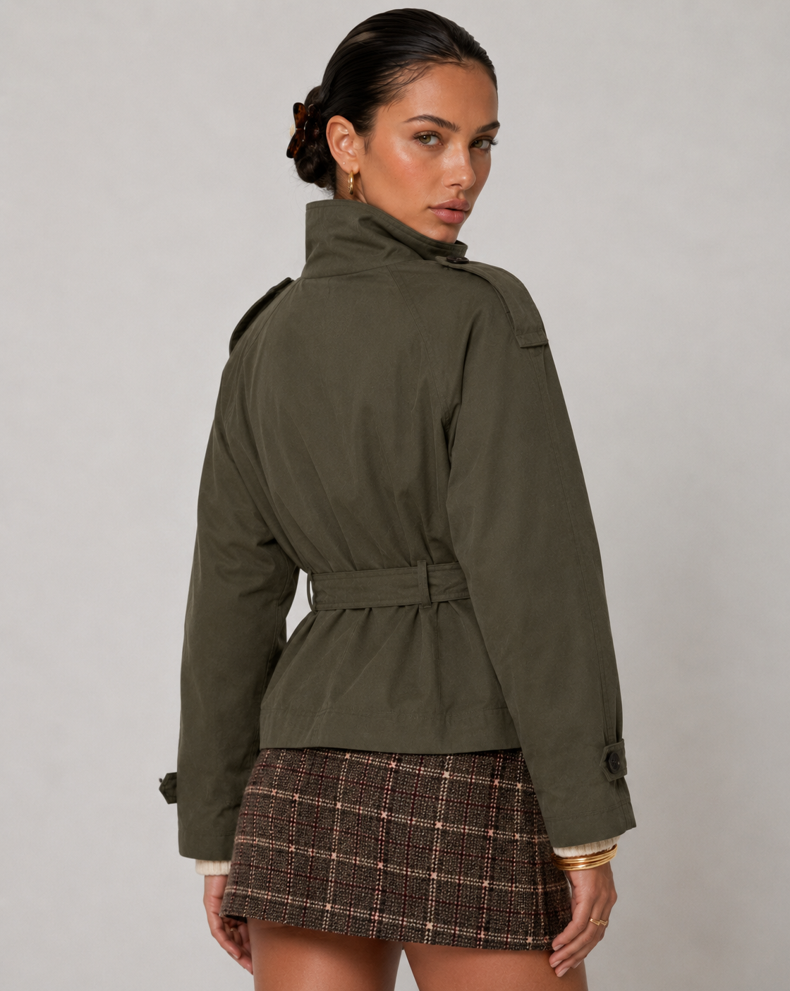 Cath Short Belted Trench Coat - Army Green