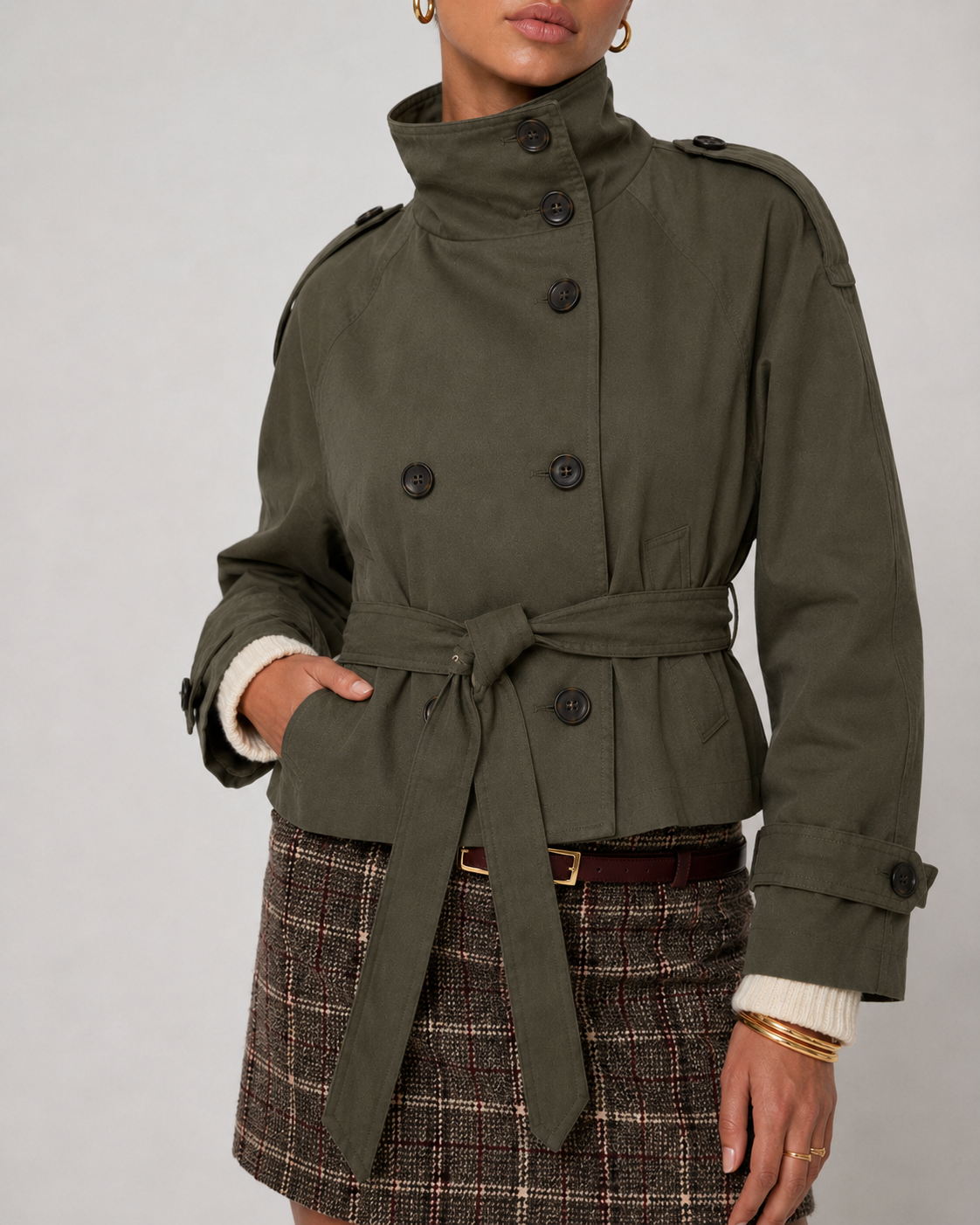 Cath Short Belted Trench Coat - Army Green