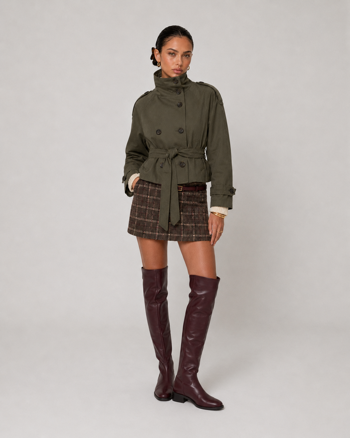 Cath Short Belted Trench Coat - Army Green