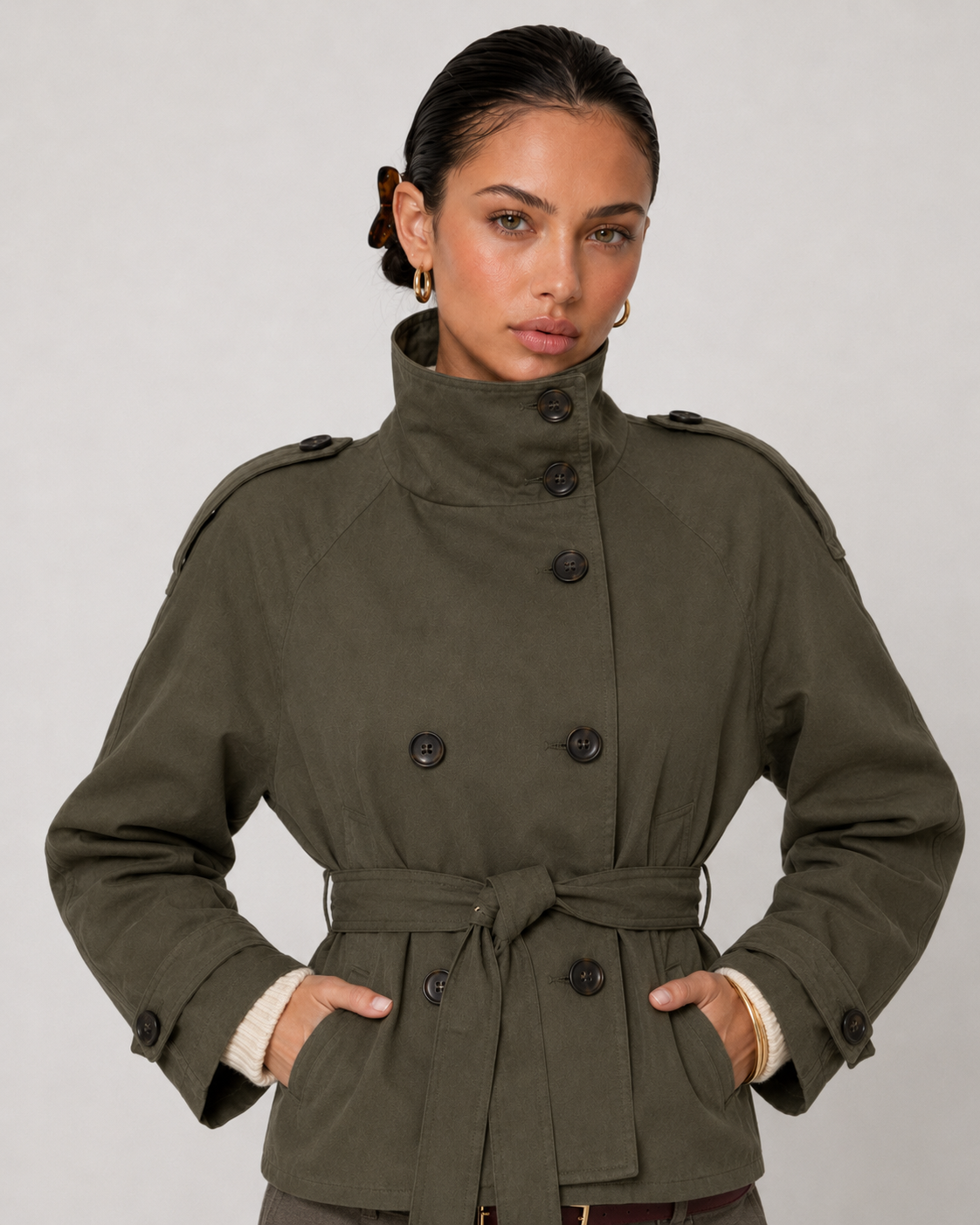 Cath Short Belted Trench Coat - Army Green