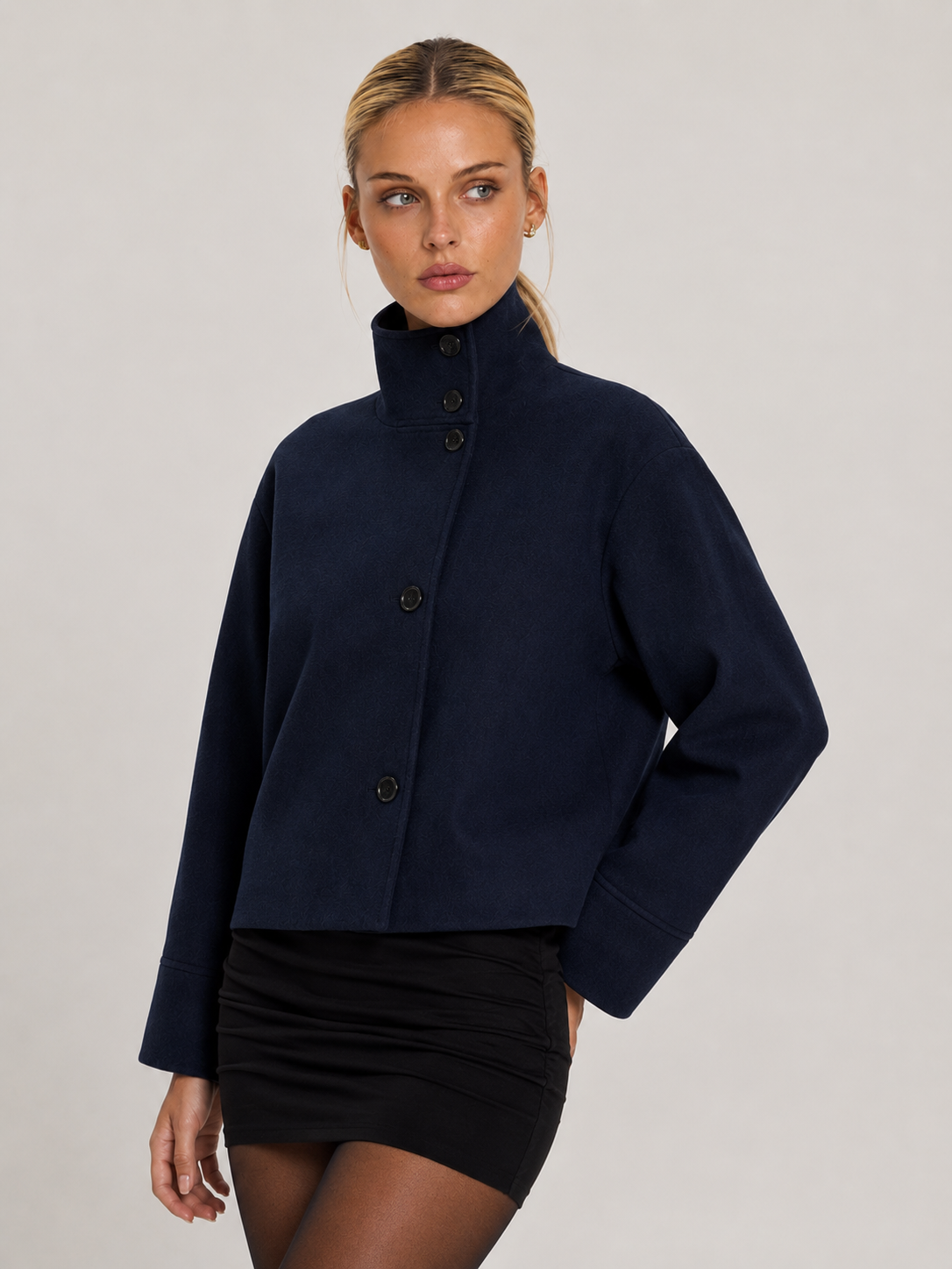 Martha High-Neck Buttoned Pea Coat - Navy