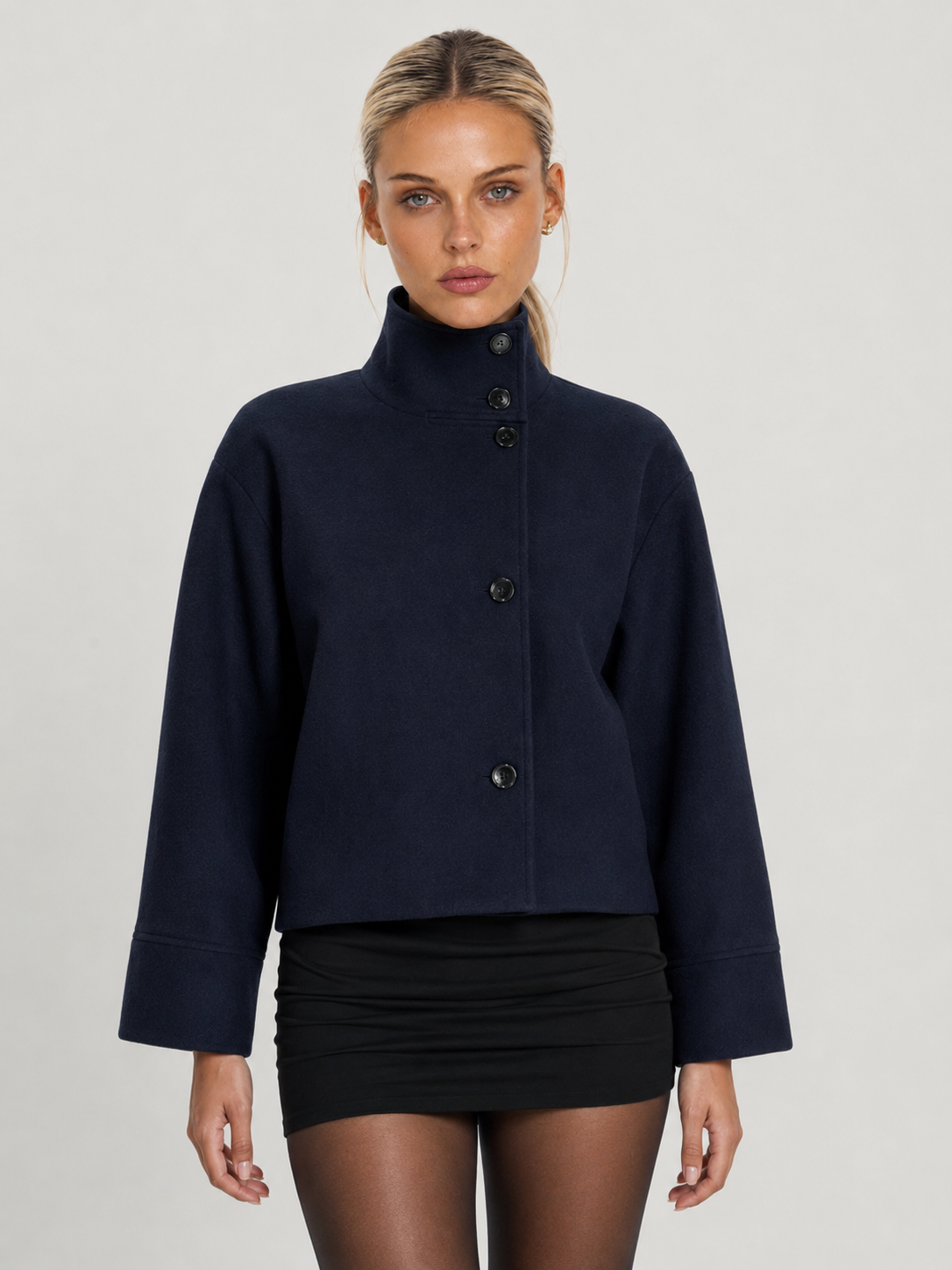 Martha High-Neck Buttoned Pea Coat - Navy