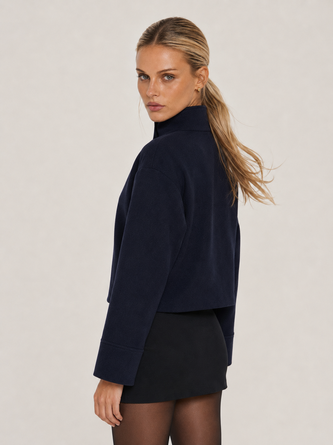 Martha High-Neck Buttoned Pea Coat - Navy