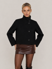 Martha High-Neck Buttoned Pea Coat - Black