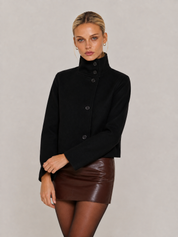 Martha High-Neck Buttoned Pea Coat - Black