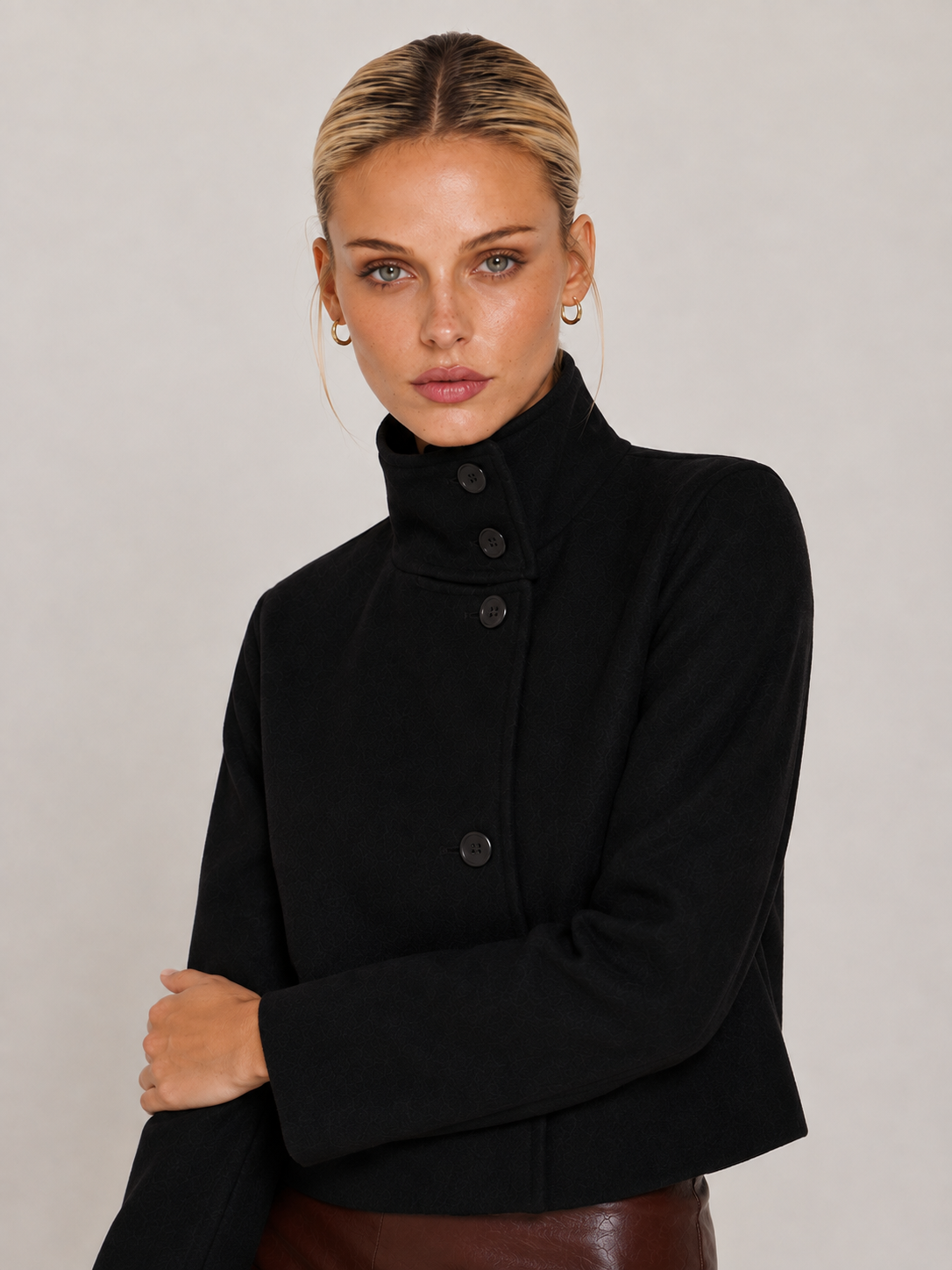 Martha High-Neck Buttoned Pea Coat - Black