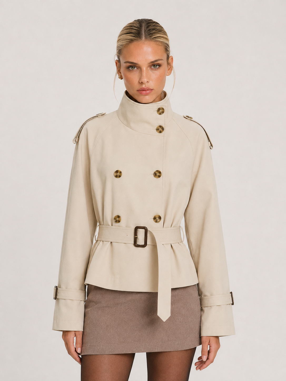 Trench-coat ceinturé Isabelle à col montant – abricot