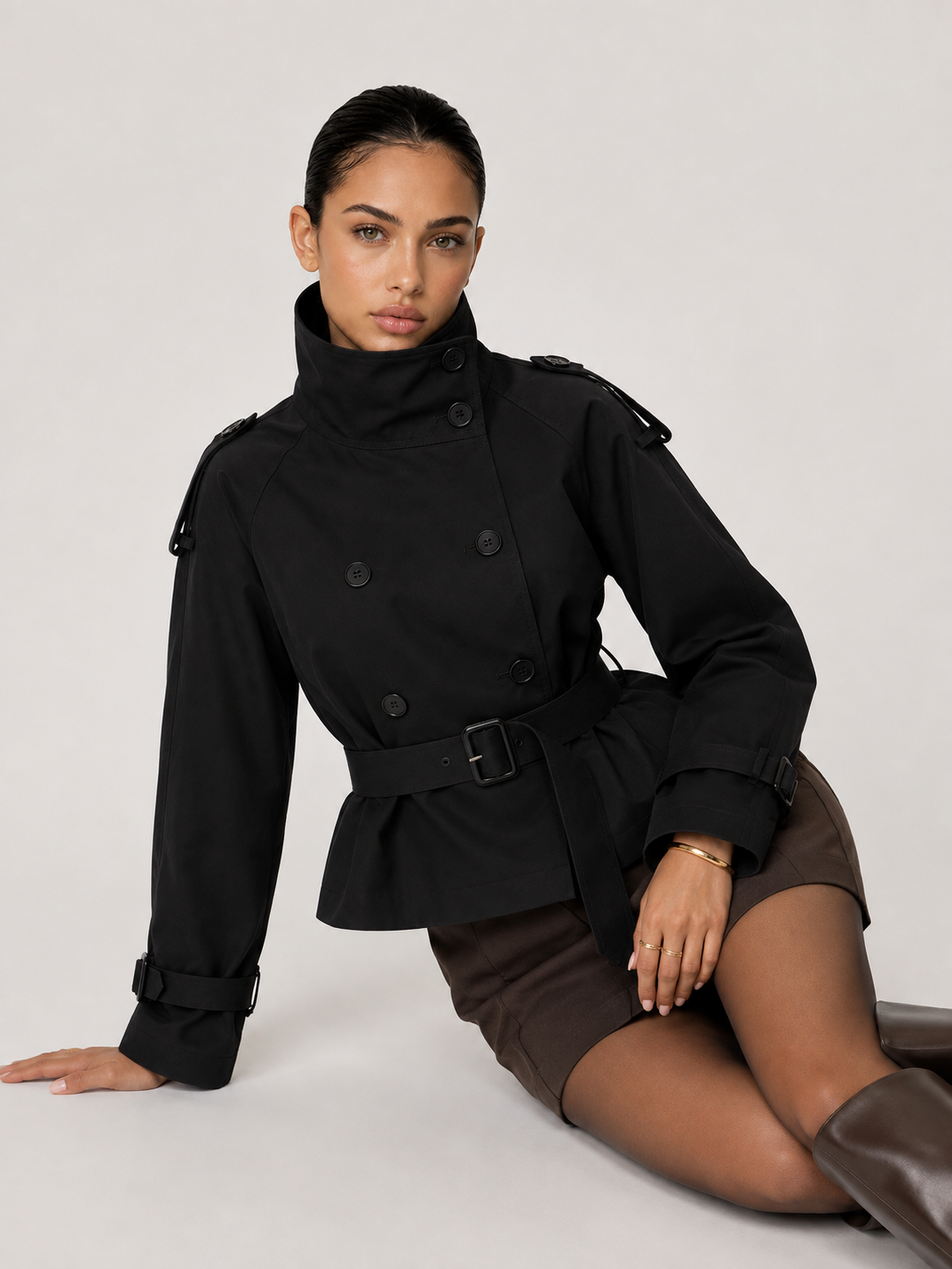 Isabelle High-Neck Belted Trench Coat - Black