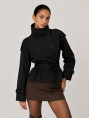 Isabelle High-Neck Belted Trench Coat - Black