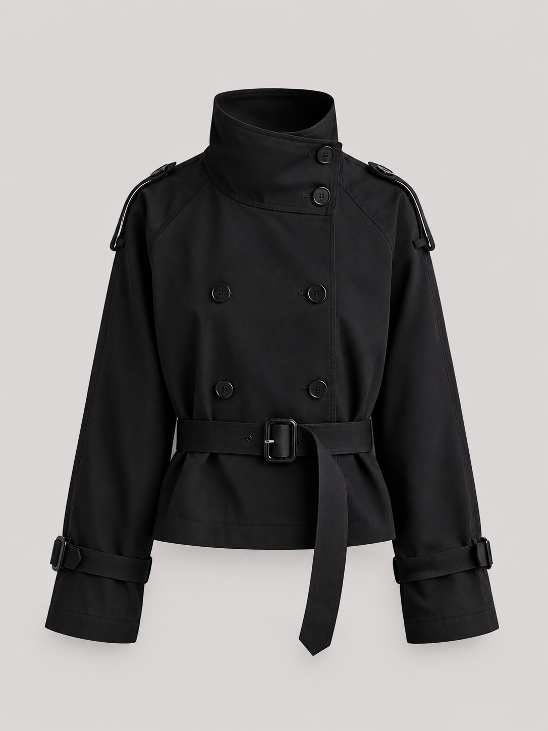 Isabelle High-Neck Belted Trench Coat - Black
