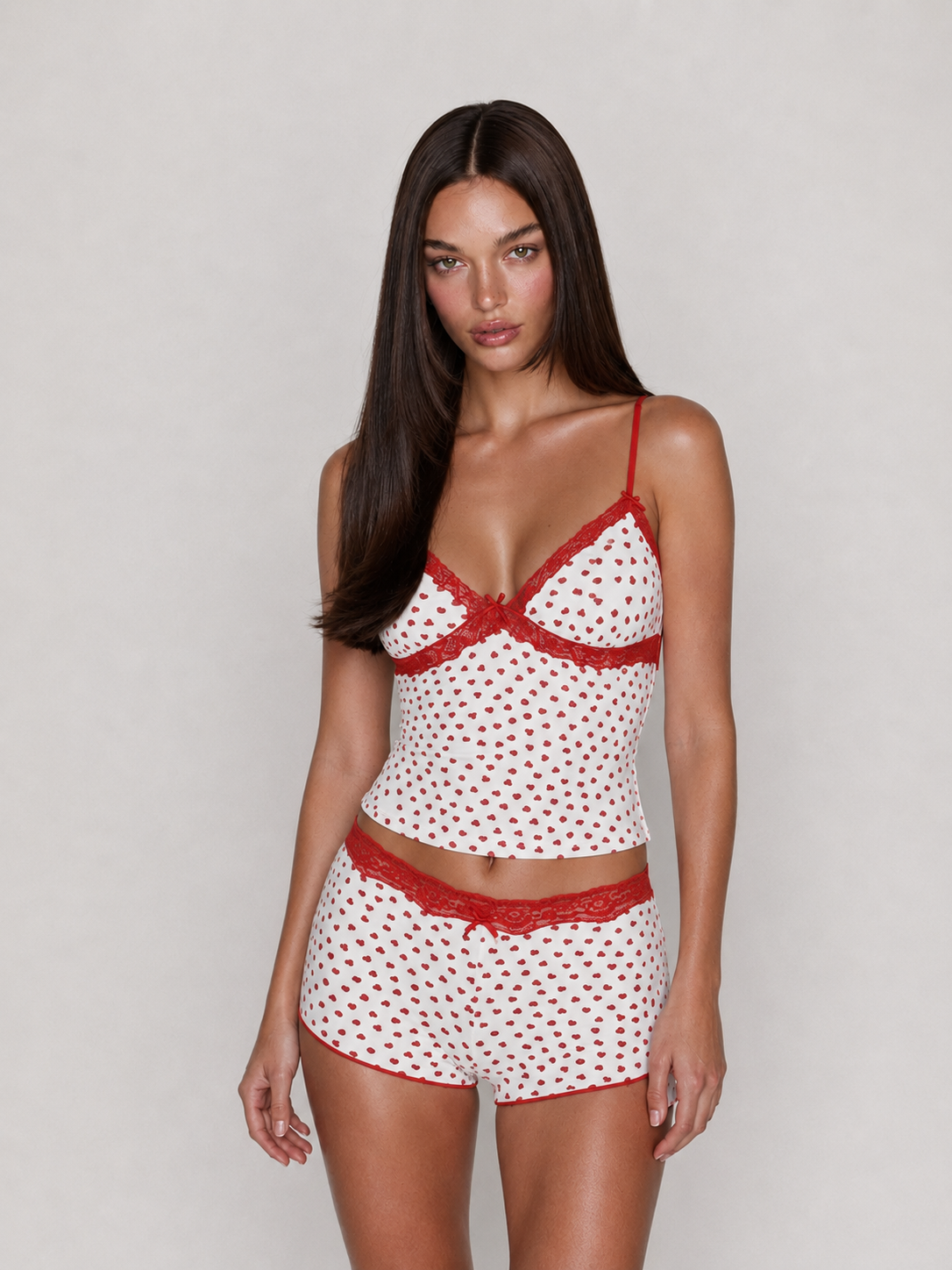 Bardane | Heart Print Lace Cami Pajama Set