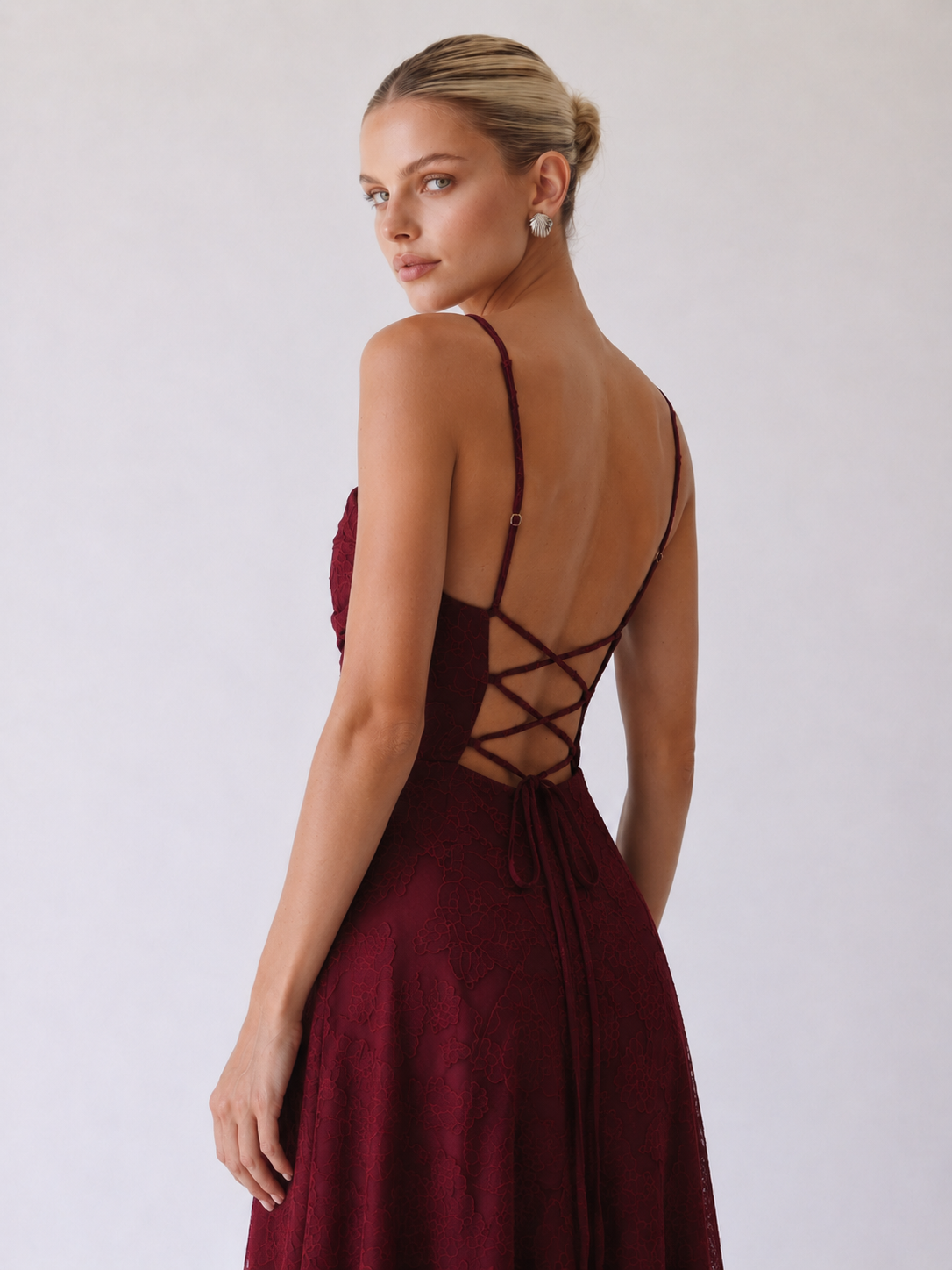 Louise | Lace Midi A-Line Dress with Lace-Up Back