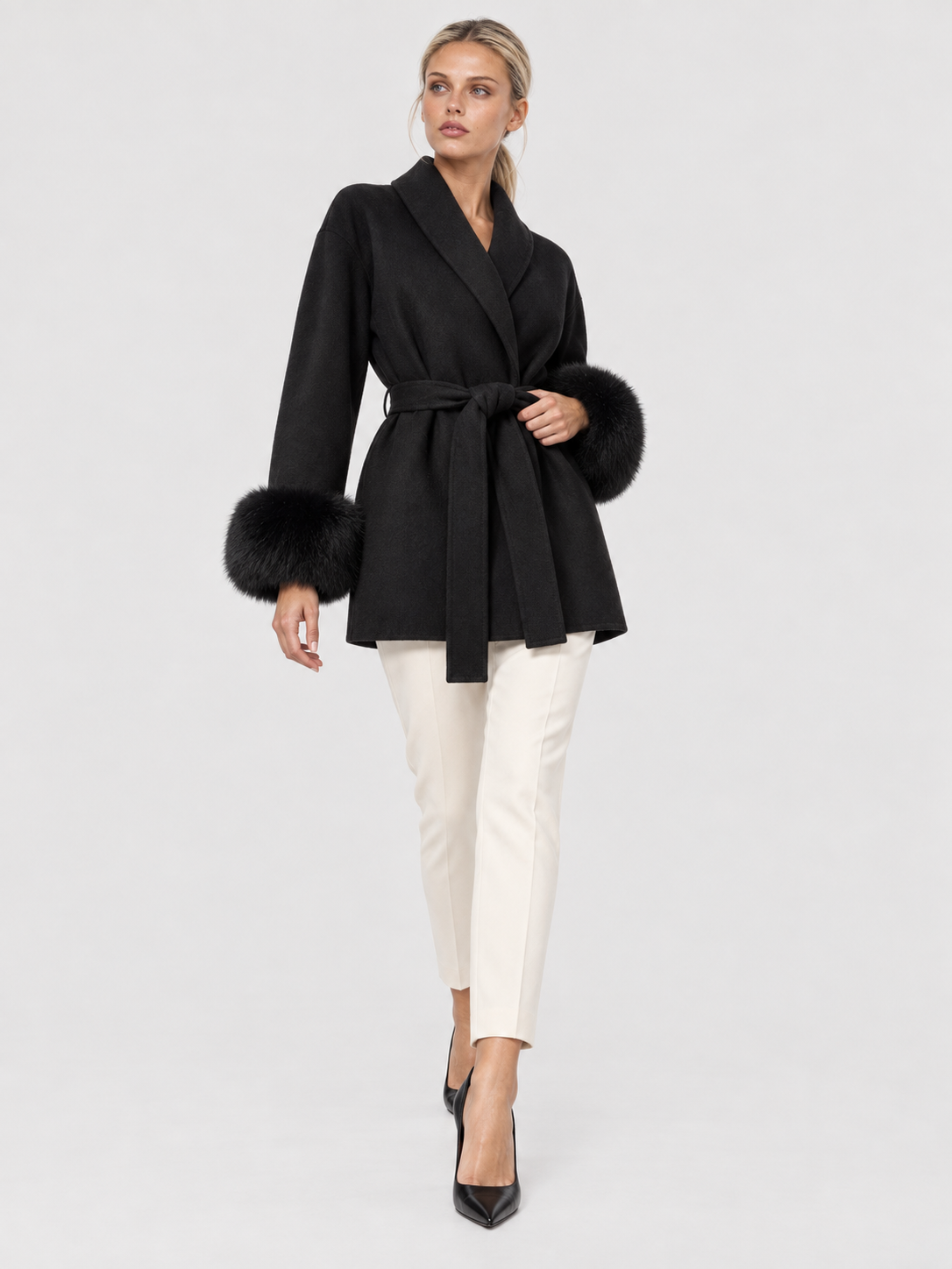 Celine | Belted Coat with Faux Fur Cuffs