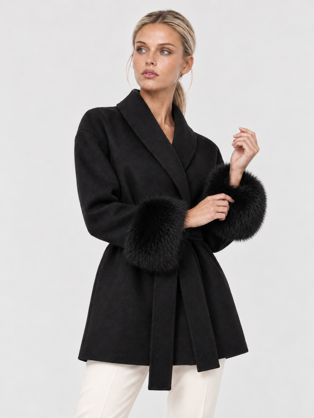 Celine | Belted Coat with Faux Fur Cuffs