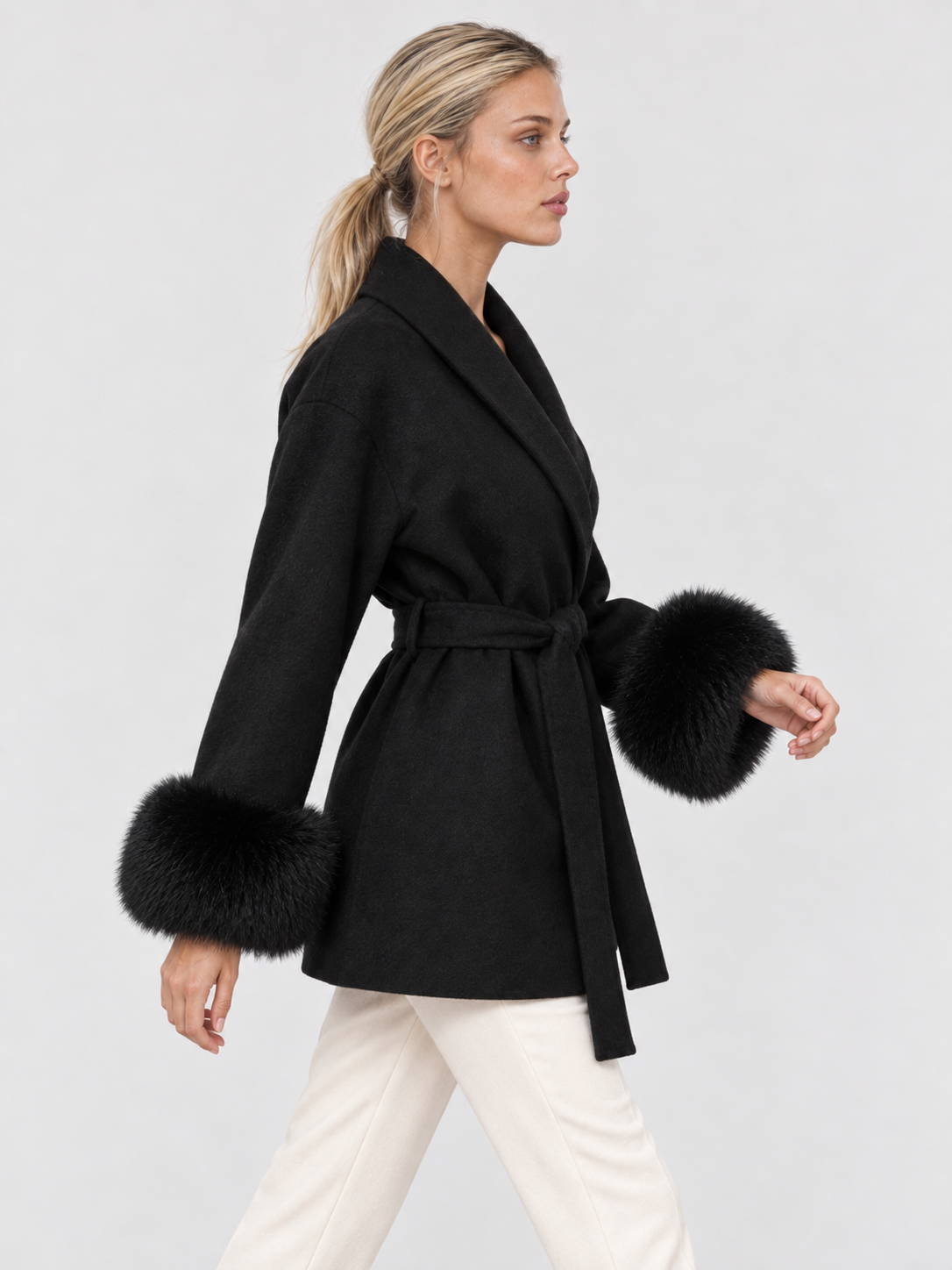 Celine | Belted Coat with Faux Fur Cuffs