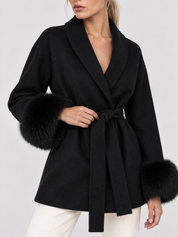 Celine | Belted Coat with Faux Fur Cuffs