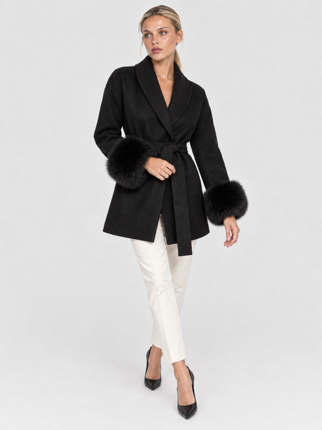 Celine | Belted Coat with Faux Fur Cuffs