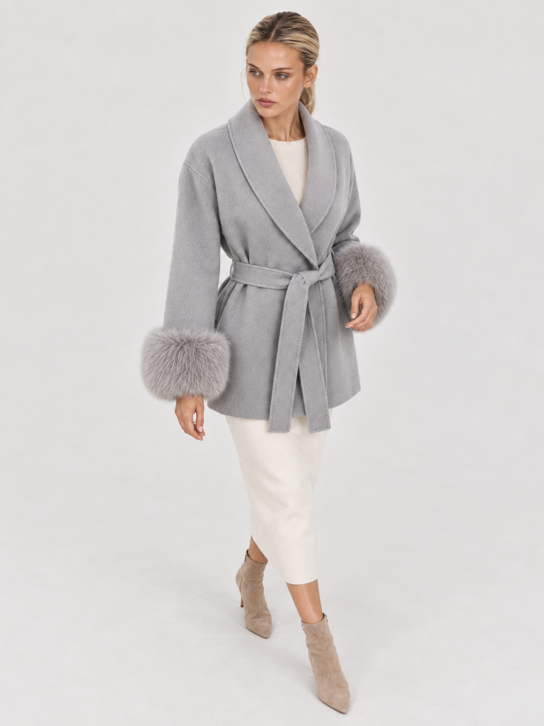 Celine | Belted Coat with Faux Fur Cuffs