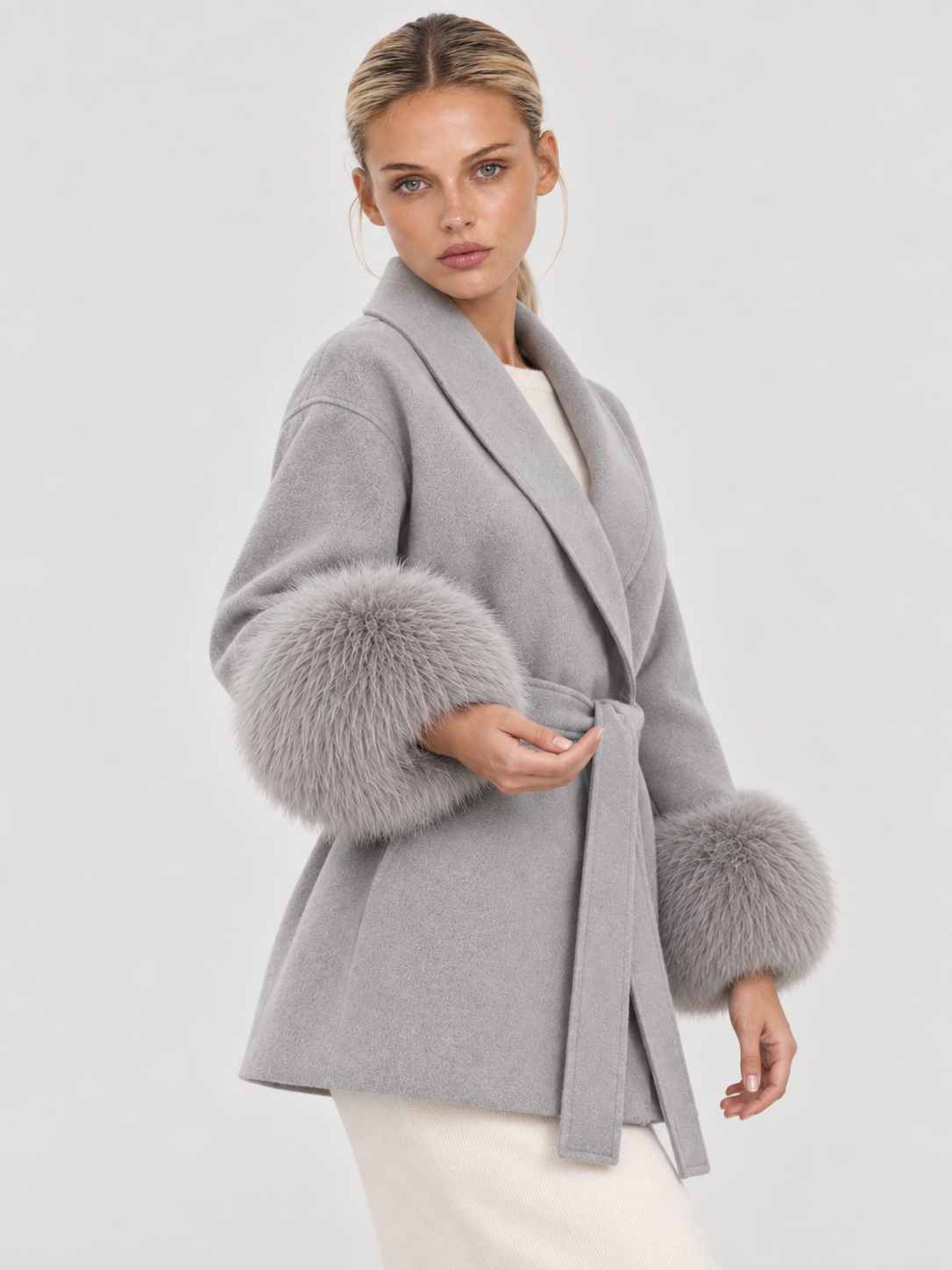 Celine | Belted Coat with Faux Fur Cuffs