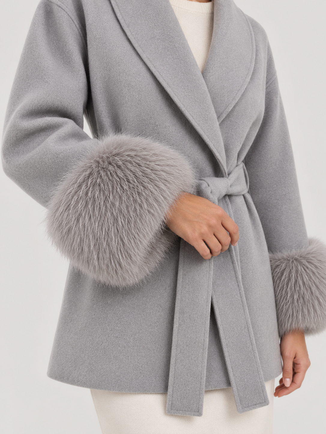 Celine | Belted Coat with Faux Fur Cuffs