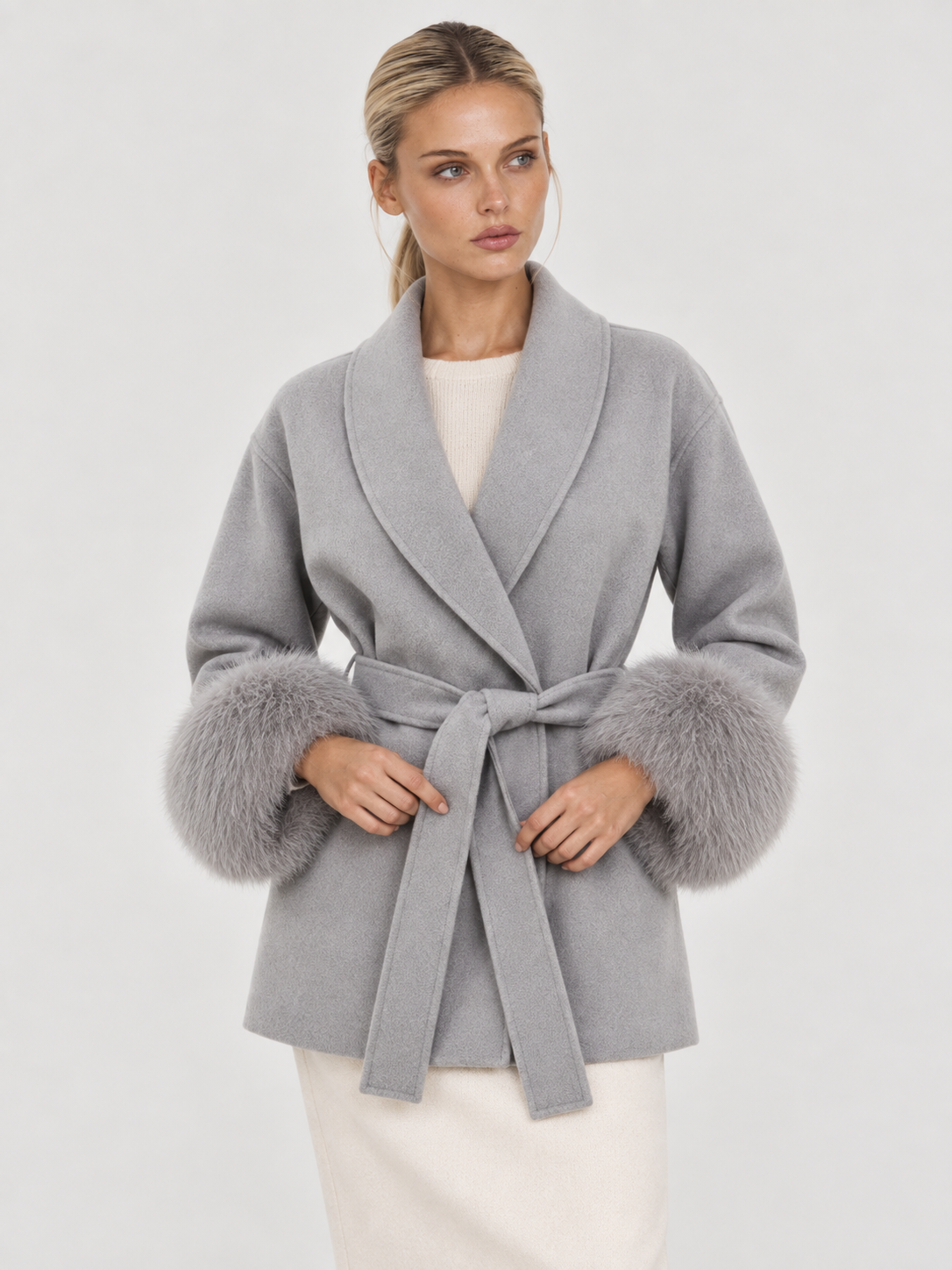 Celine | Belted Coat with Faux Fur Cuffs