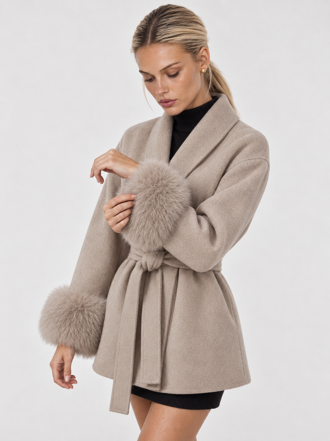 Celine | Belted Coat with Faux Fur Cuffs