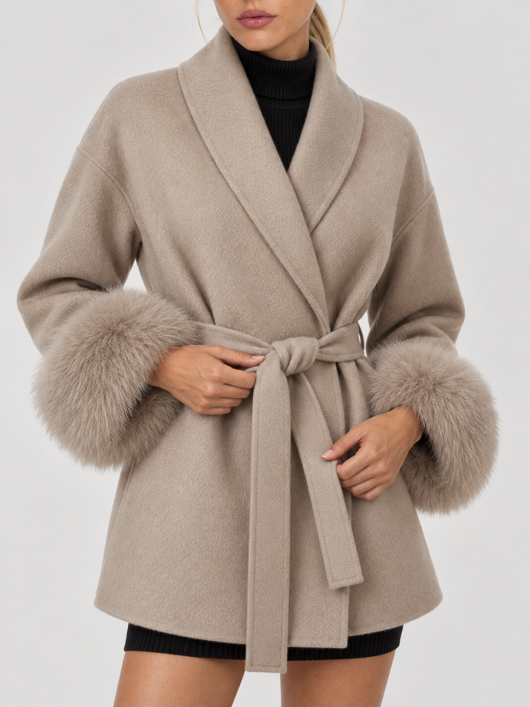 Celine Belted Coat with Faux Fur Cuffs - Khaki