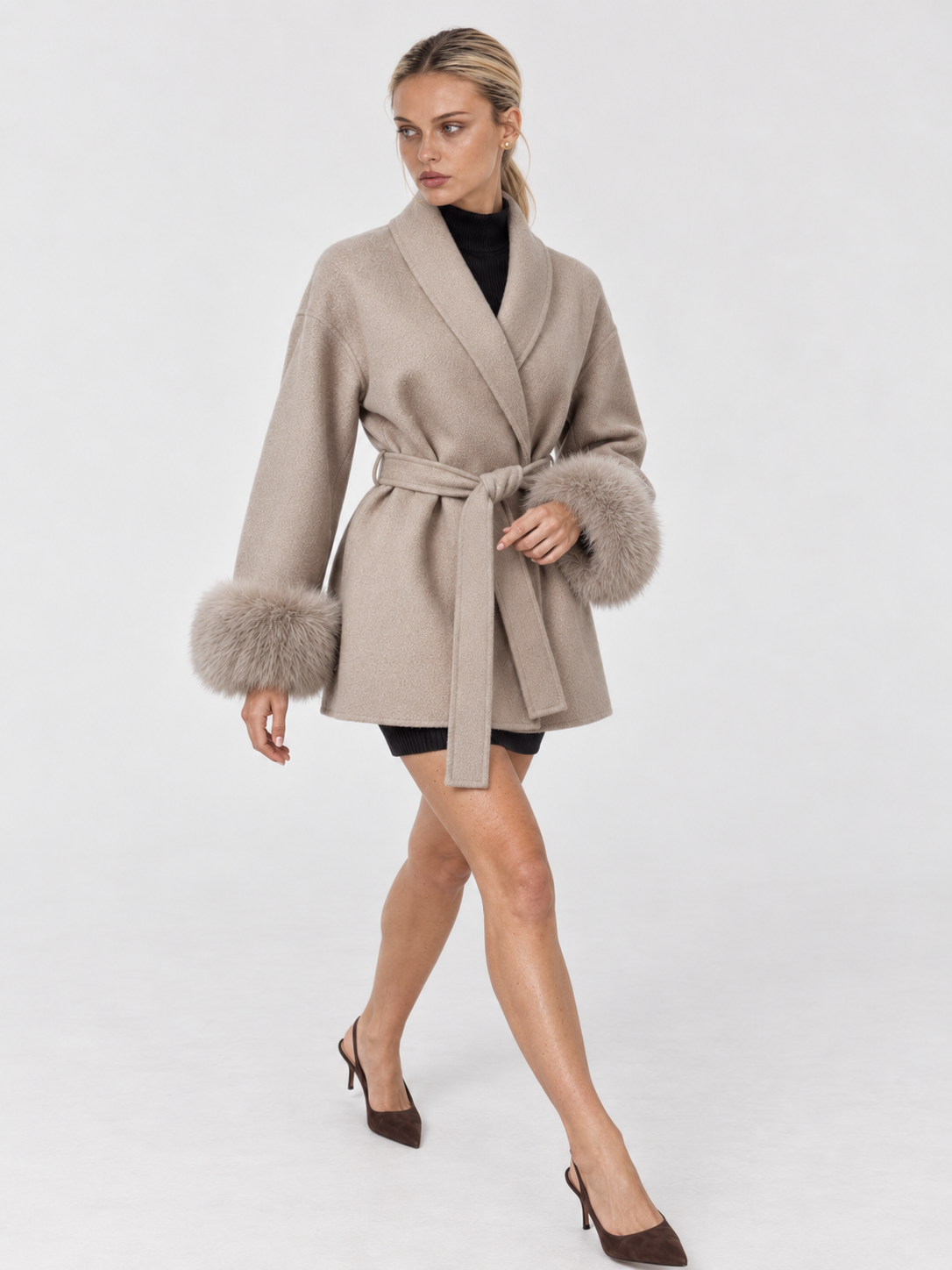 Celine | Belted Coat with Faux Fur Cuffs