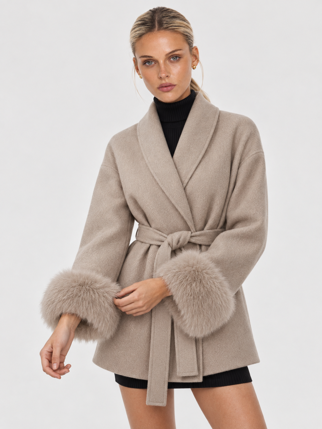 Celine | Belted Coat with Faux Fur Cuffs