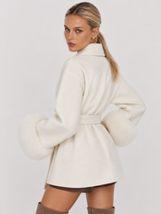 Celine | Belted Coat with Faux Fur Cuffs