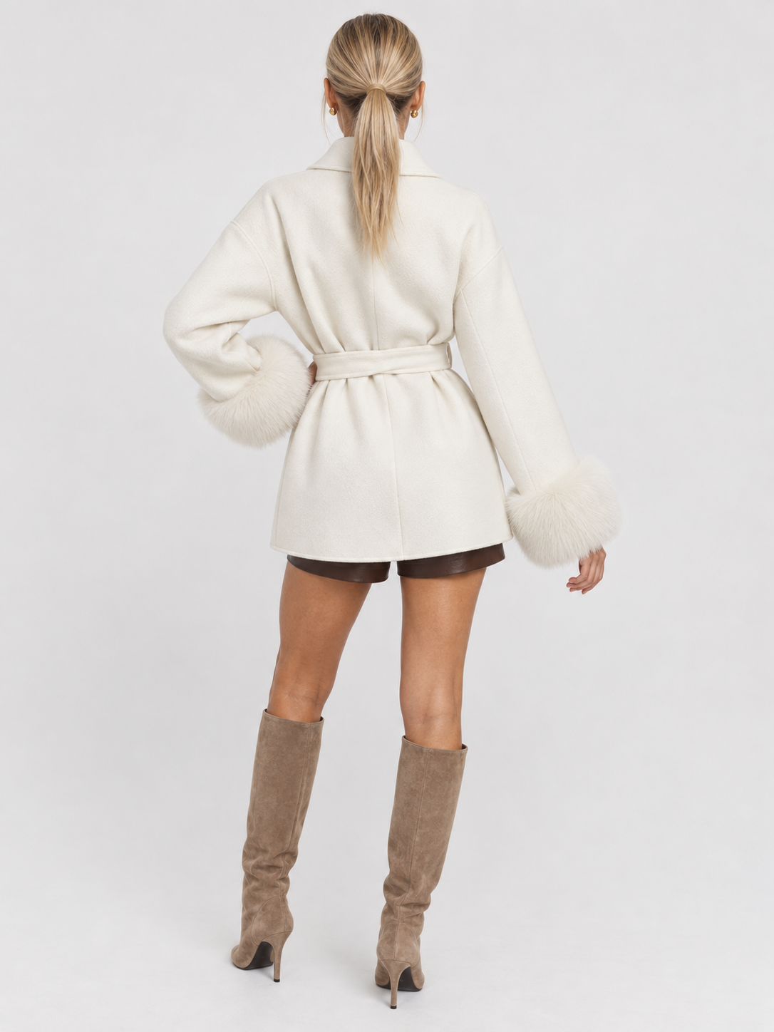 Celine Belted Coat with Faux Fur Cuffs - White
