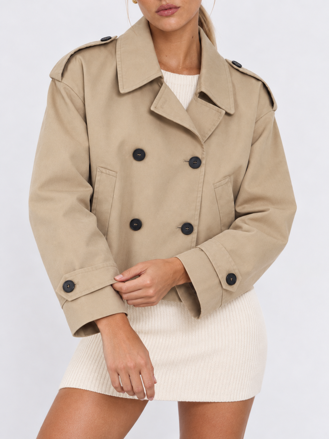 Colette Cropped Double-Breasted Trench Jacket - Beige
