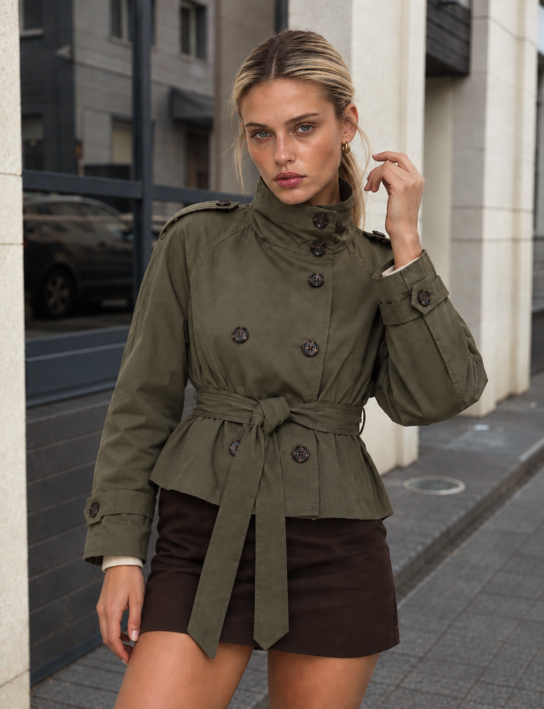Cath Short Belted Trench Coat - Army Green