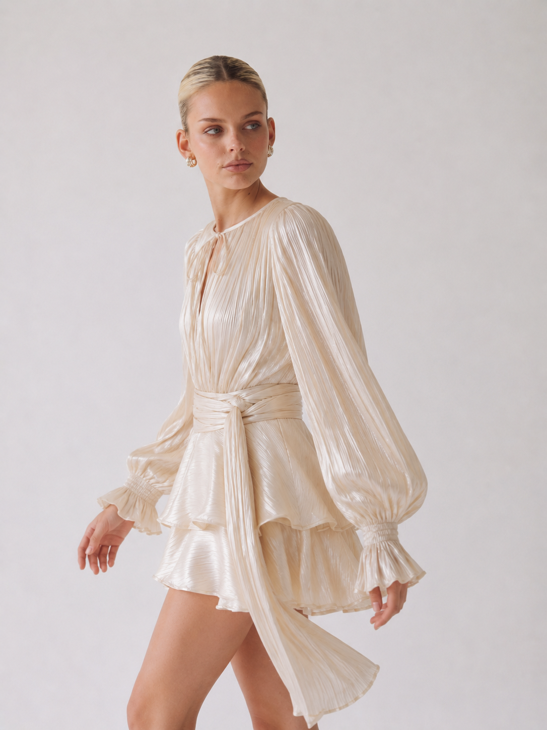 Elodie | Pleated Tie-Neck Puff Sleeve Mini Dress