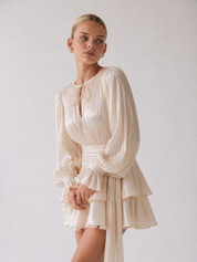 Elodie | Pleated Tie-Neck Puff Sleeve Mini Dress