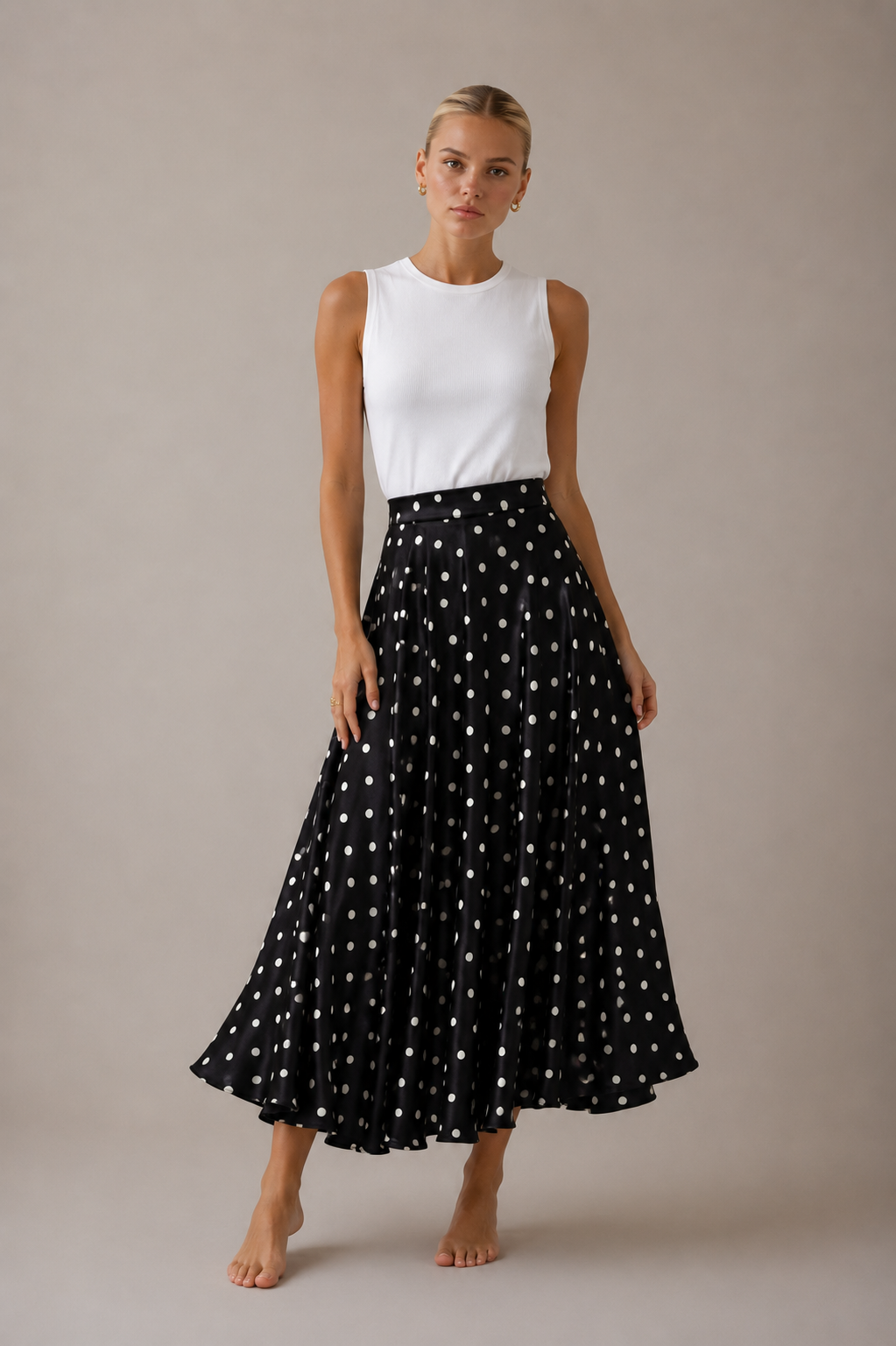 Mathilde | Polka Dot Tiered Satin Maxi Skirt