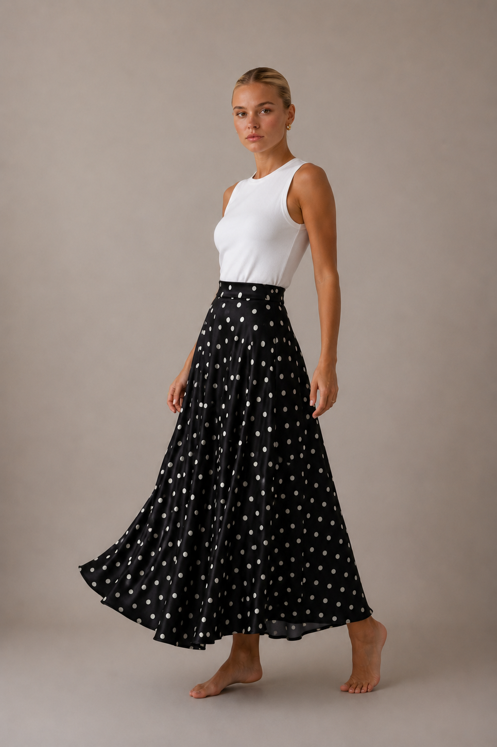 Mathilde | Polka Dot Tiered Satin Maxi Skirt