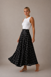 Mathilde | Polka Dot Tiered Satin Maxi Skirt