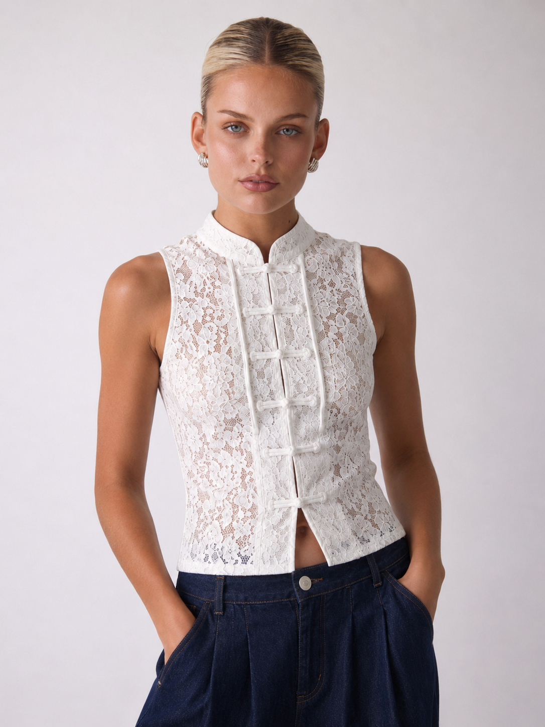 Margaux | Lace Sleeveless Mandarin Collar Top