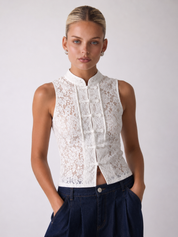 Margaux | Lace Sleeveless Mandarin Collar Top