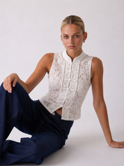 Margaux | Lace Sleeveless Mandarin Collar Top