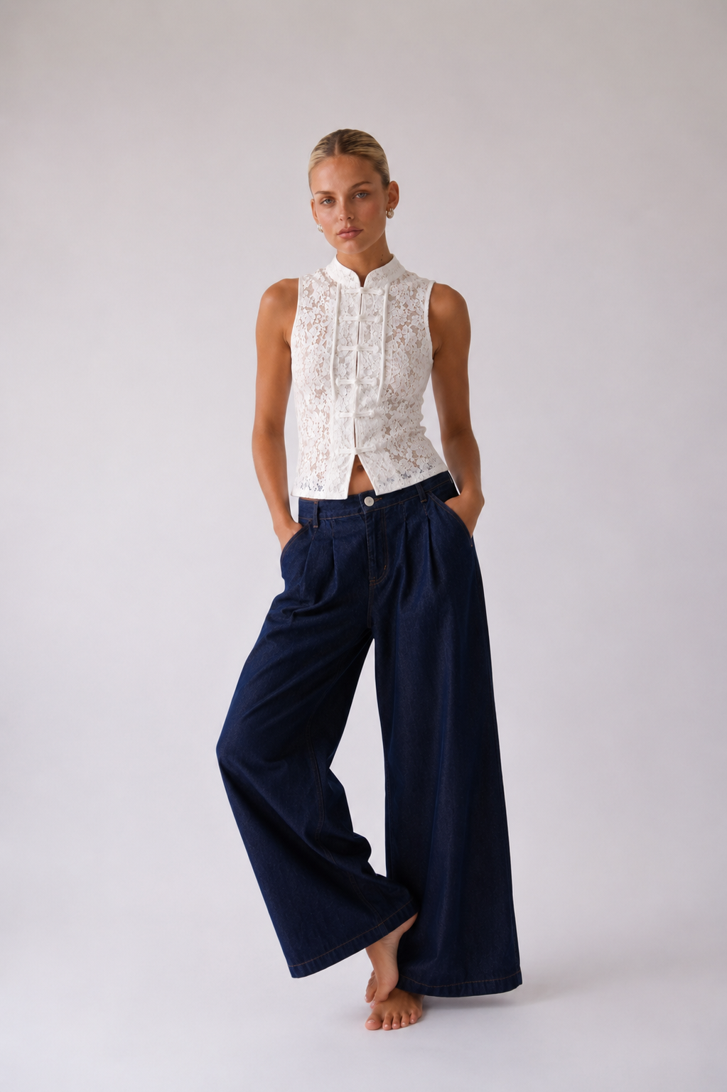 Margaux | Lace Sleeveless Mandarin Collar Top